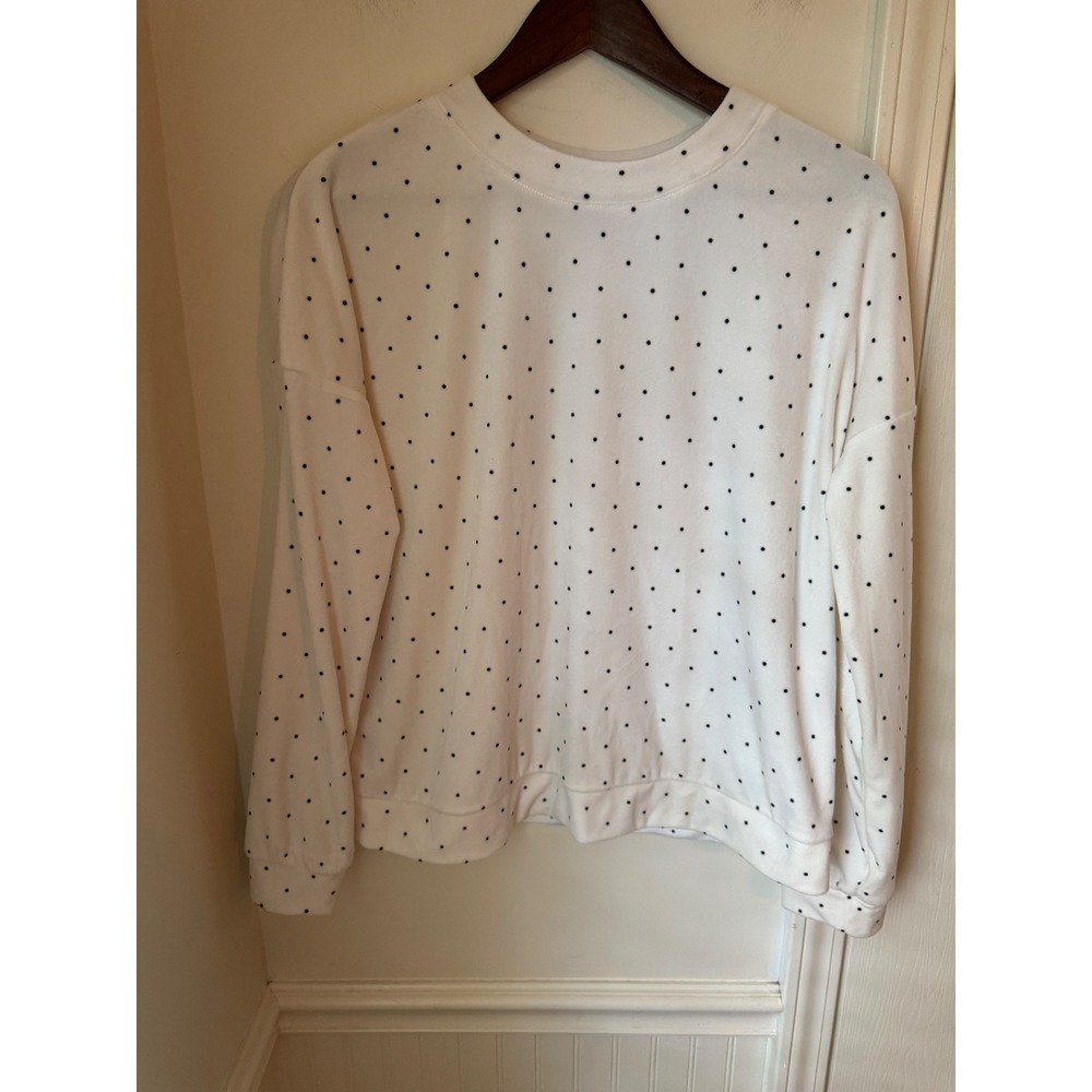 Auden Womens Polka Dot Fleece Sleep Top White Black Crewneck Sweatshirt Medium